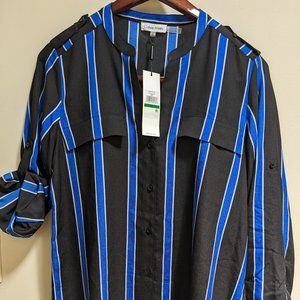 Calvin Klein Large NWT Women's Black with Royal Blue Stripe Shirt w/ tab sleeves